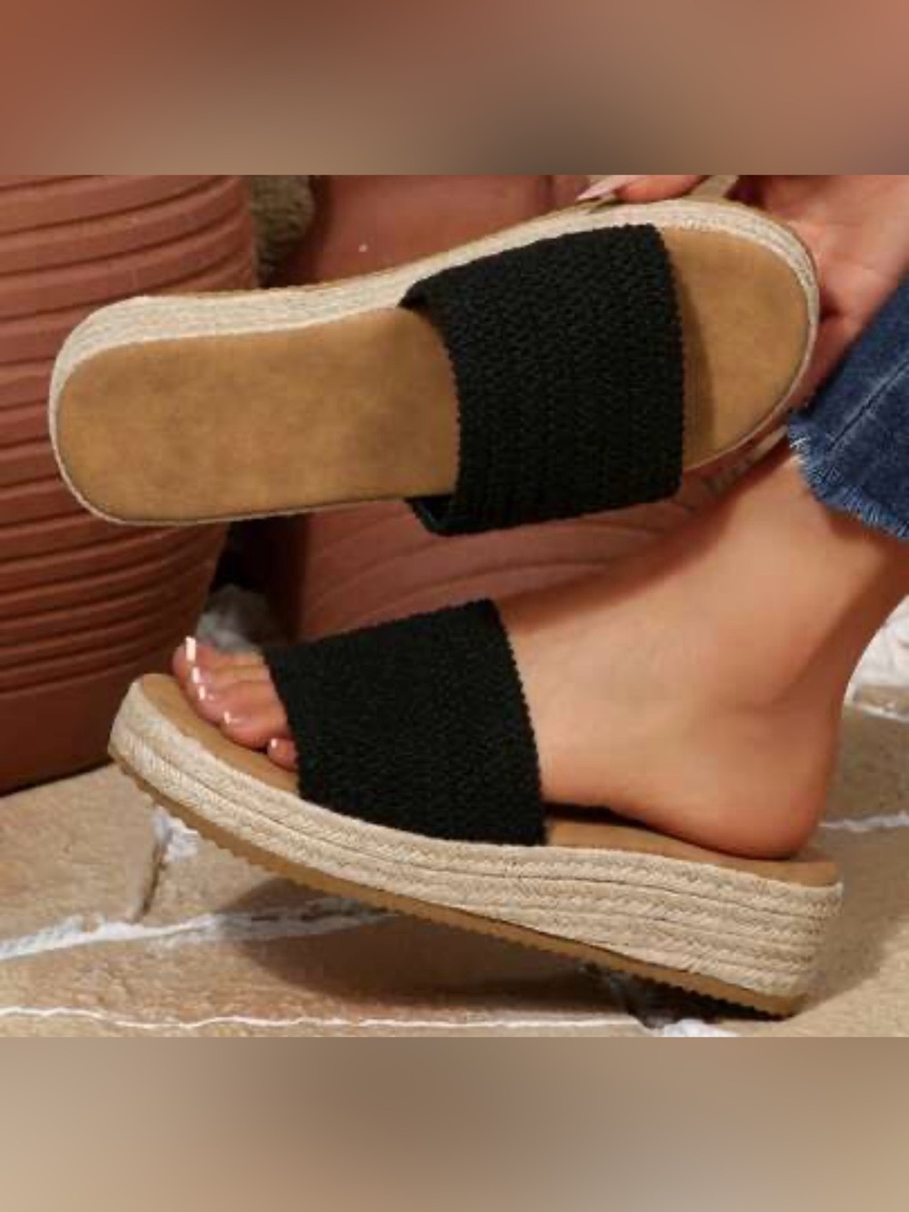 Women's Black Espadrille Slide Sandals with Jute Platform Zize 7.5